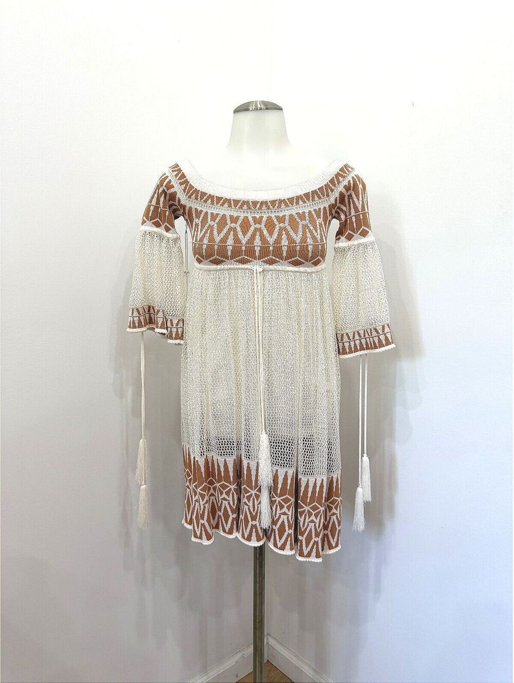 NWT Ronny Kobo XS Women's Knit Dress with Geometric Pattern and Tassels